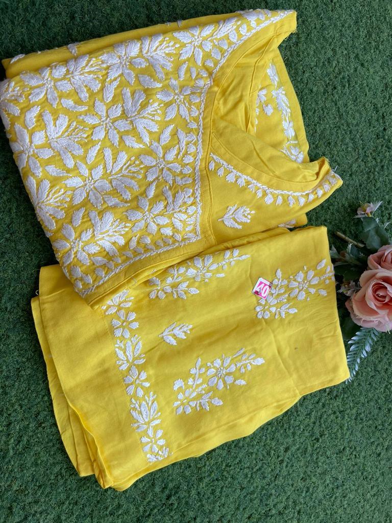 Yellow Chikankari Designer Premium Modal Angrakha Kurti Plazo Set - Inayakhan Shop 