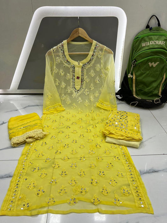 Yellow Chikankari Elegance Ombré Mirror Booti Jaal Set - Kurti, Sharara & Dupatta - Inayakhan Shop 