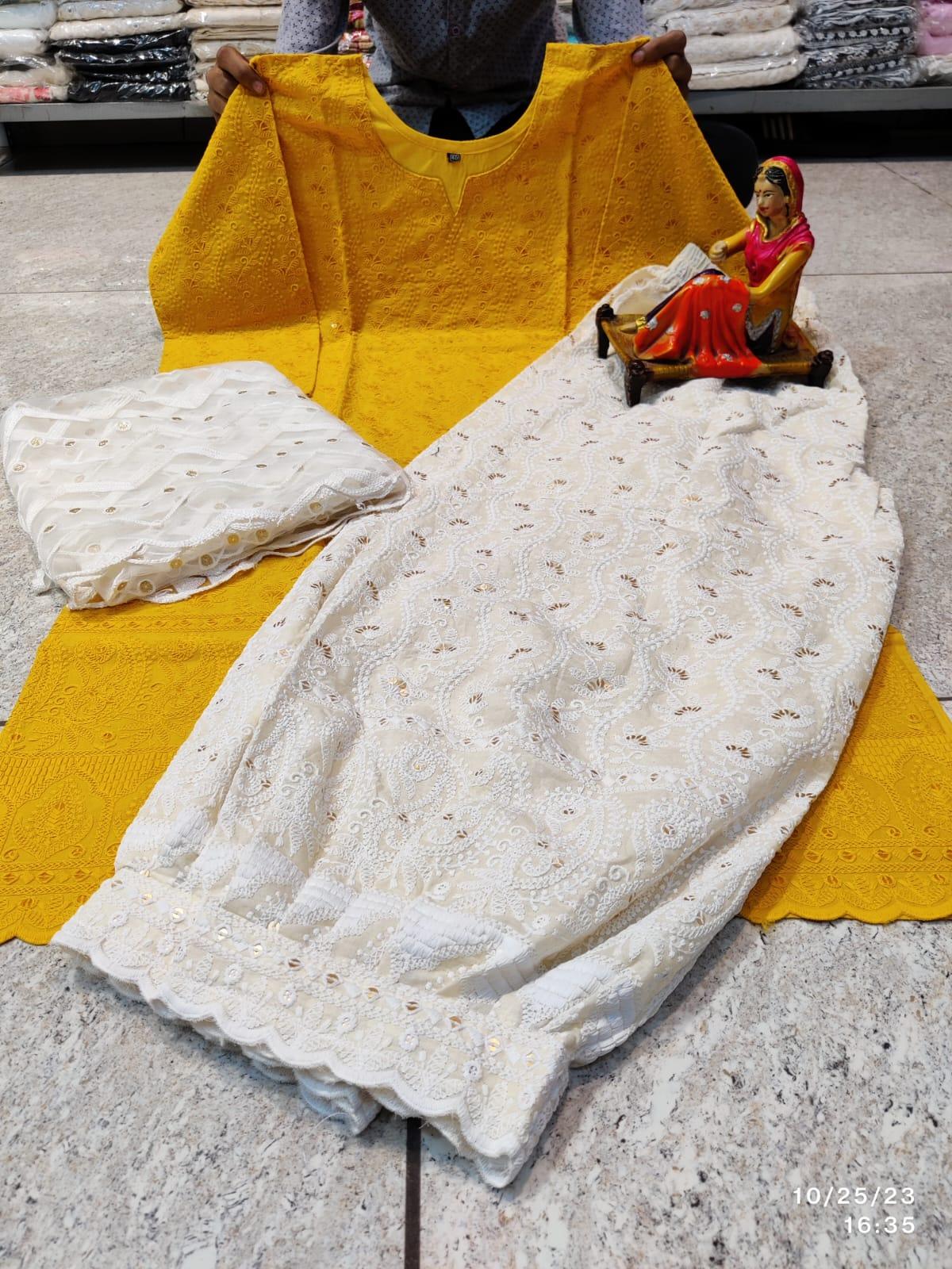 Yellow Chikankari Ensemble: Chikan Kurti, Lucknawi Afghani Salwar, and Sequined Duppata Set - Inayakhan Shop 