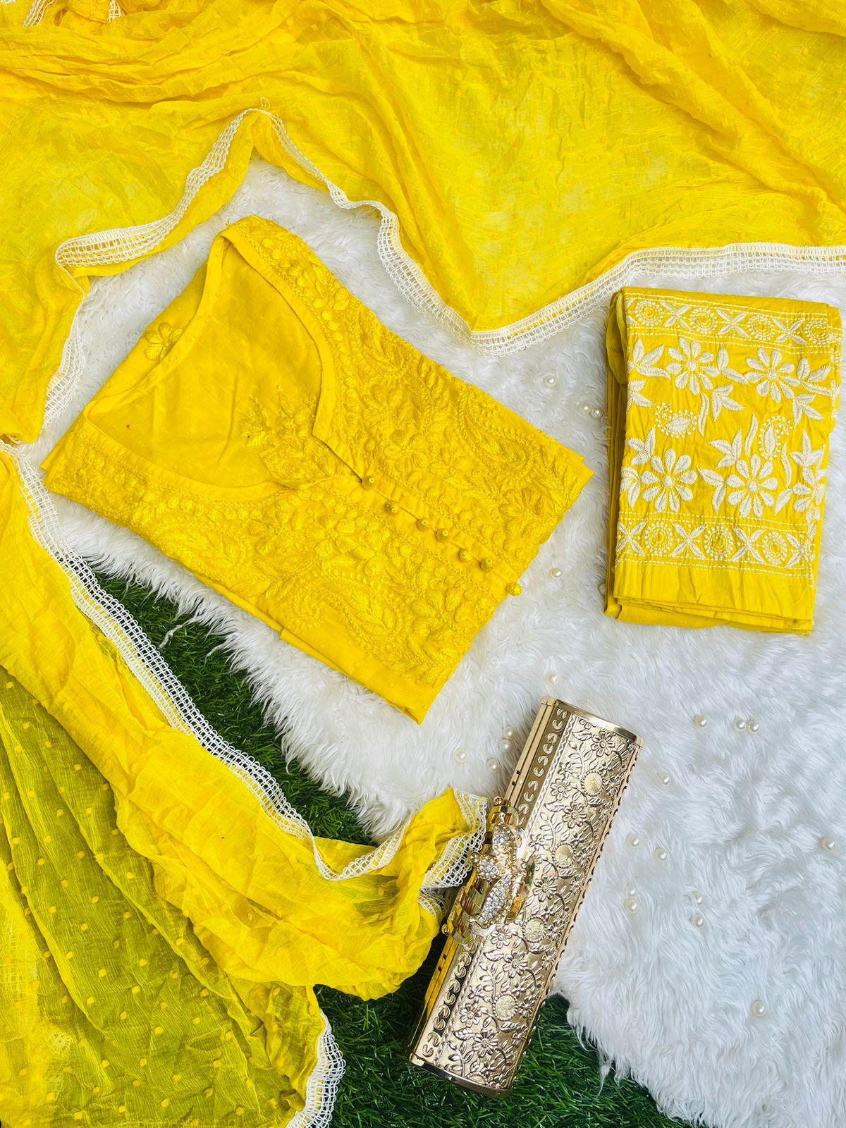 Yellow Chikankari Handwork Cotton Dyeable Set , Dobby Bundi Dupatta from Lucknow - Inayakhan Shop 