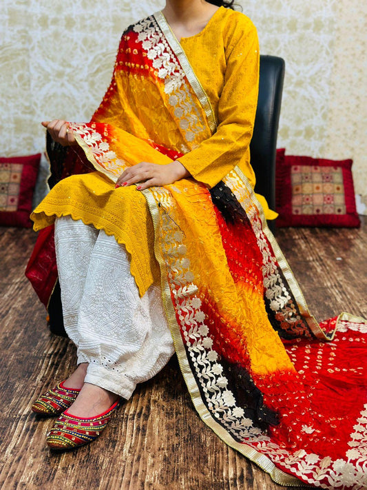 Yellow Chikankari kurta with Afghani Pant in White and Yellow Black red Bandhani Dupatta - Inayakhan Shop 