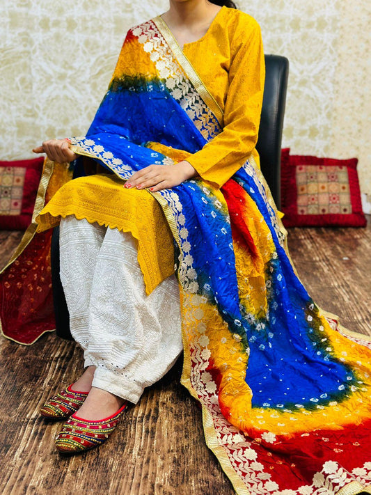 Yellow Chikankari kurta with Afghani Pant in White and Yellow Blue Bandhani Dupatta - Inayakhan Shop 