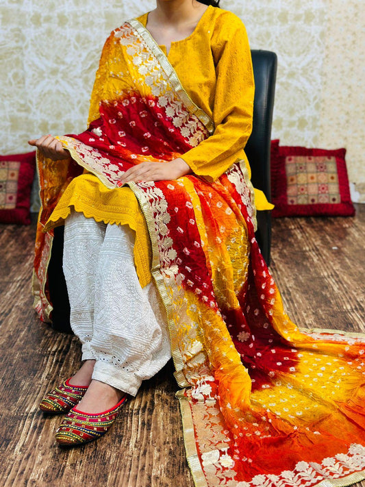 Yellow Chikankari kurta with Afghani Pant in White and Yellow Red Bandhani Dupatta - Inayakhan Shop 