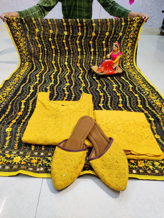 Yellow Chikankari Sequins Kurti with Handwork Embroidery Latest Online - Inayakhan Shop 