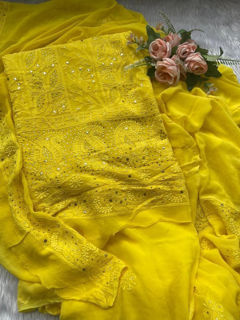 Yellow Chikankari Unstitch Suits - Royal Collection - Inayakhan Shop 