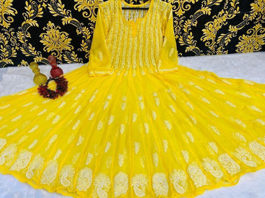 Yellow Classic Lucknow Chikankari Anarkali Gown 56 inch Kali - Inayakhan Shop 