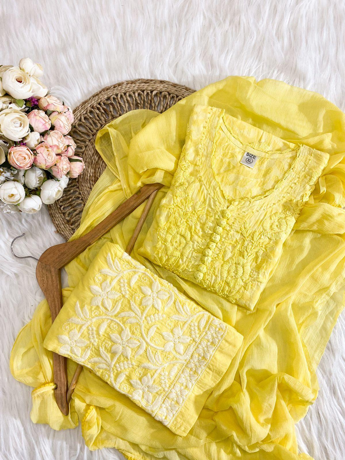 Yellow Color Aurora Breeze Brasso Chikankari Cotton Ensemble 3 Pc Set - Inayakhan Shop 