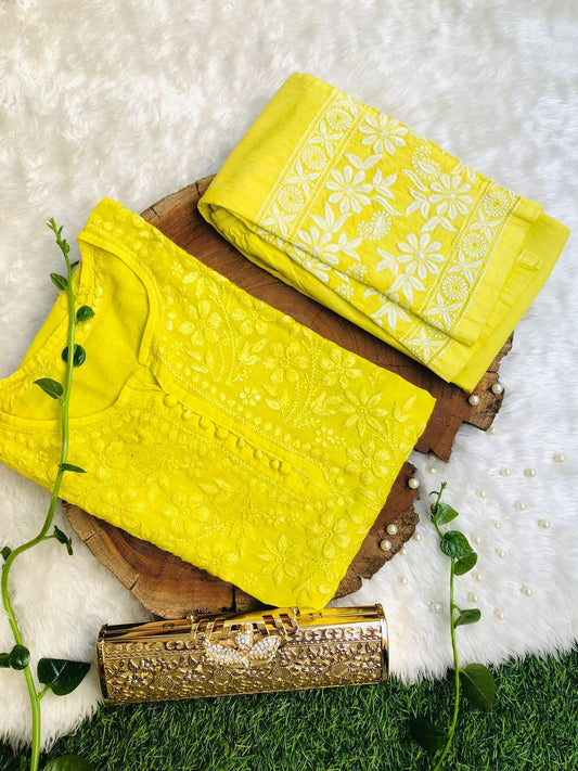 Yellow Cotton Chikankari Hand Work Kurti Pant Sets - Inayakhan Shop 