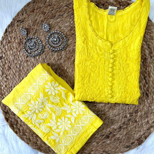 Yellow Cotton Chikankari Hand Work Kurti Suit Designs - Inayakhan Shop 