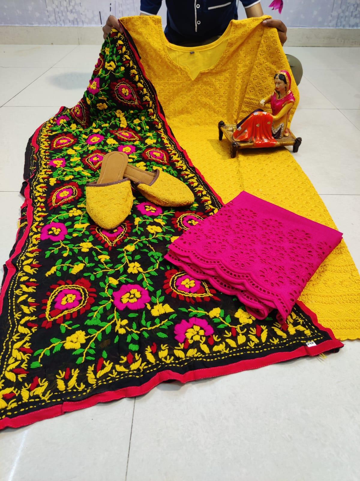 Yellow Cotton Phulkari Suit with Beautiful Chikan & Sequins Embroidery Work Shopping Online - Inayakhan Shop 