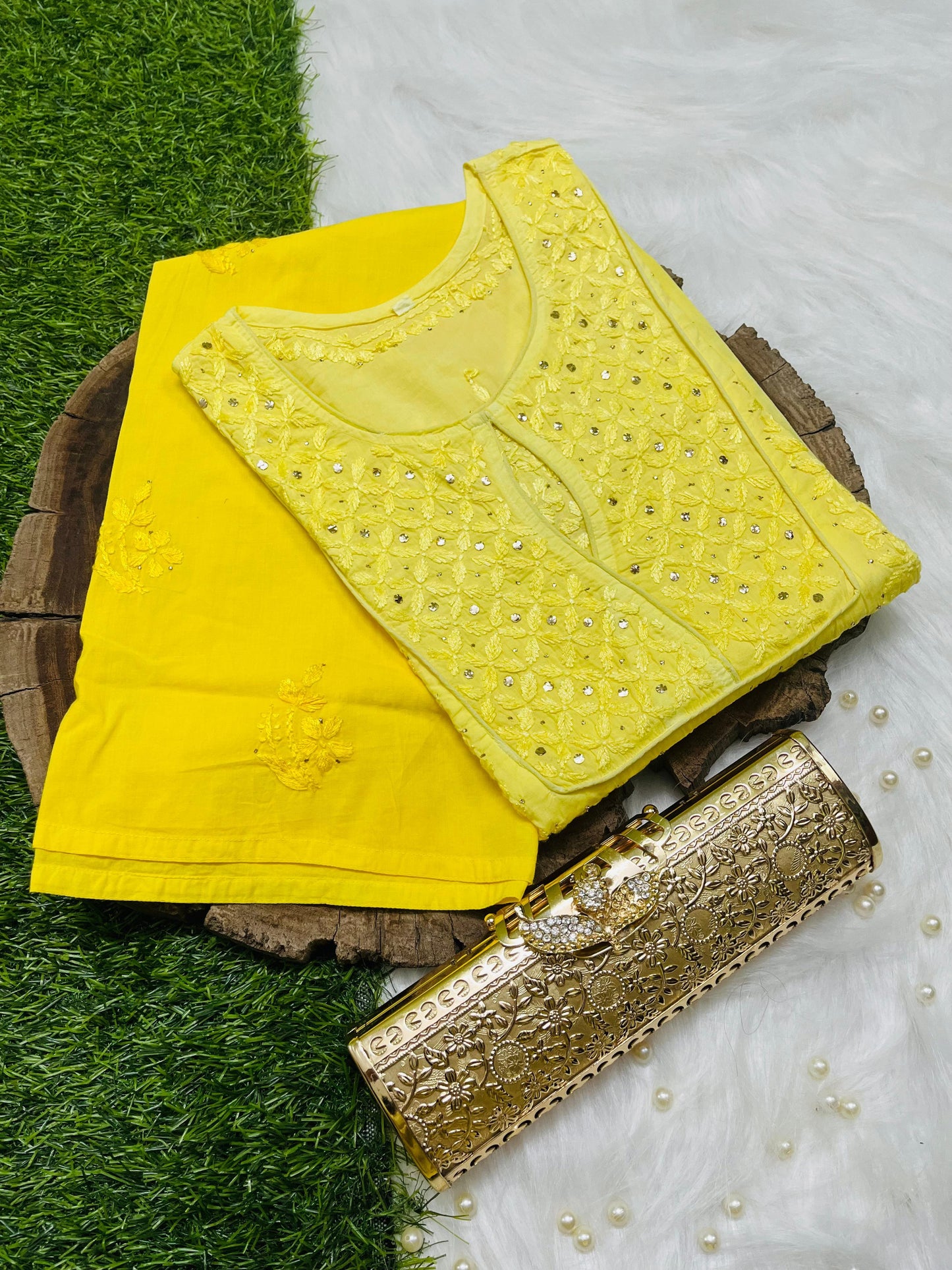 Yellow Designer Chikankari Kurtis with Mukesh Work - Inayakhan Shop 