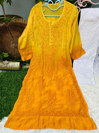 Yellow Elegance in Motion 3D Quraishiya Button Pure Muslin Kurti Set - Inayakhan Shop 