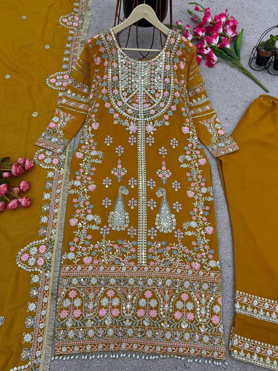 💃👚 Yellow Elegant Georgette Embroidered Suit 👚💃 - Inayakhan Shop 