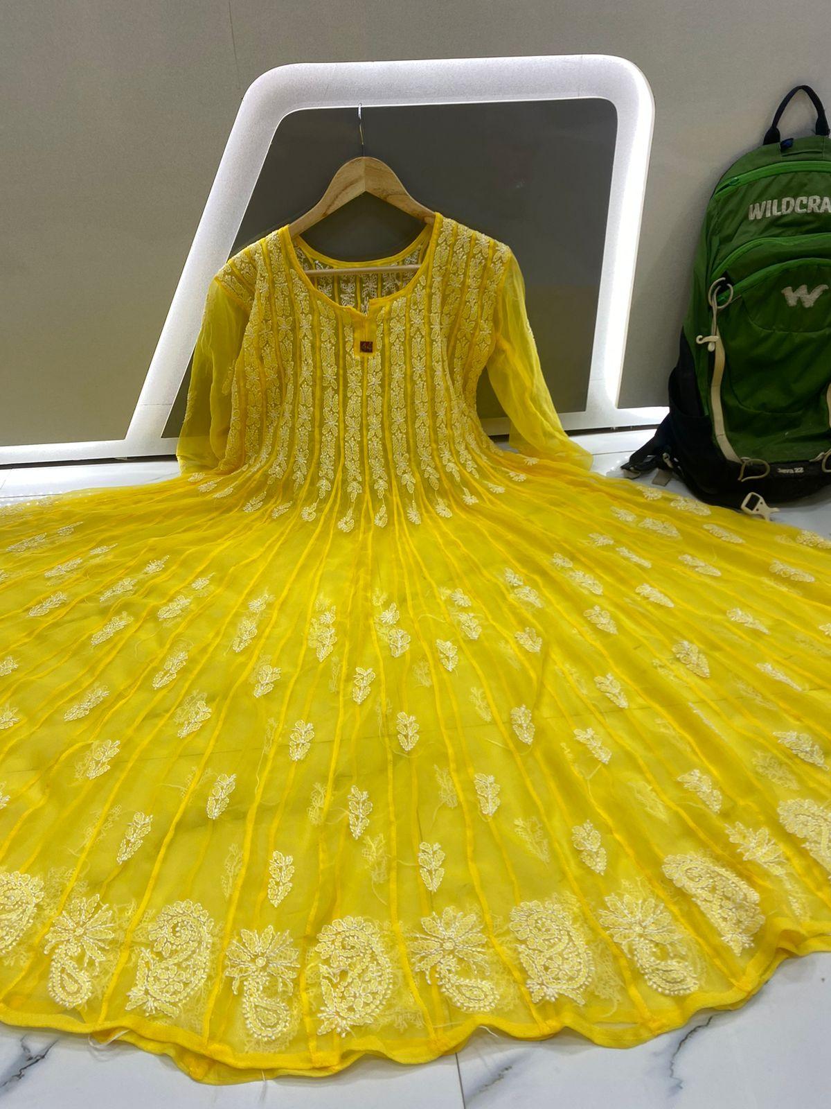 Yellow Embroidery 56" Kali Chikankari Anarkali with Inner - Inayakhan Shop 