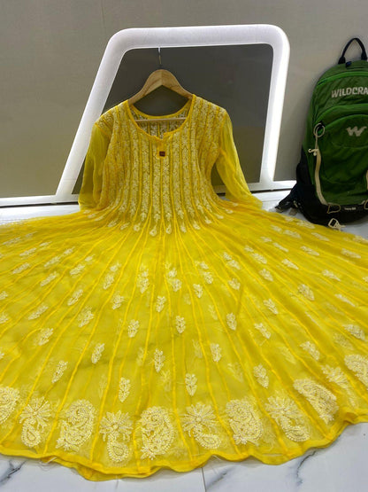 Yellow Embroidery 56" Kali Chikankari Anarkali with Inner - Inayakhan Shop 