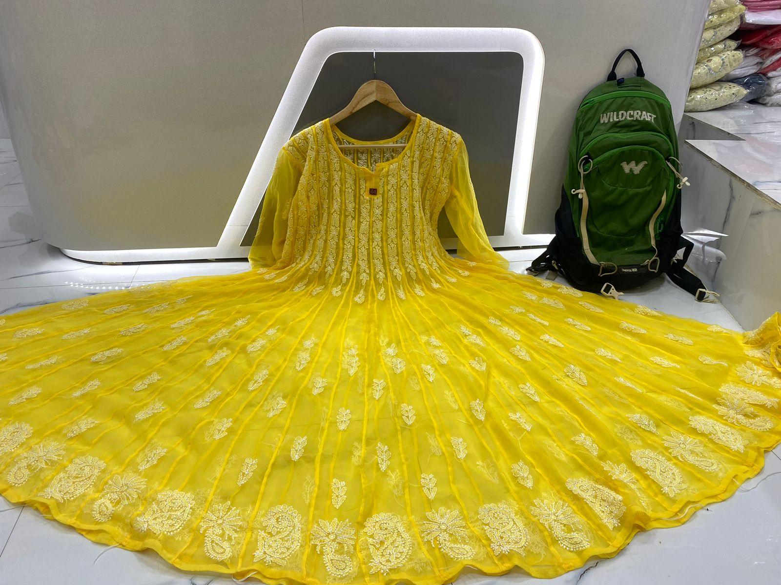 Yellow Embroidery 56" Kali Chikankari Anarkali with Inner - Inayakhan Shop 