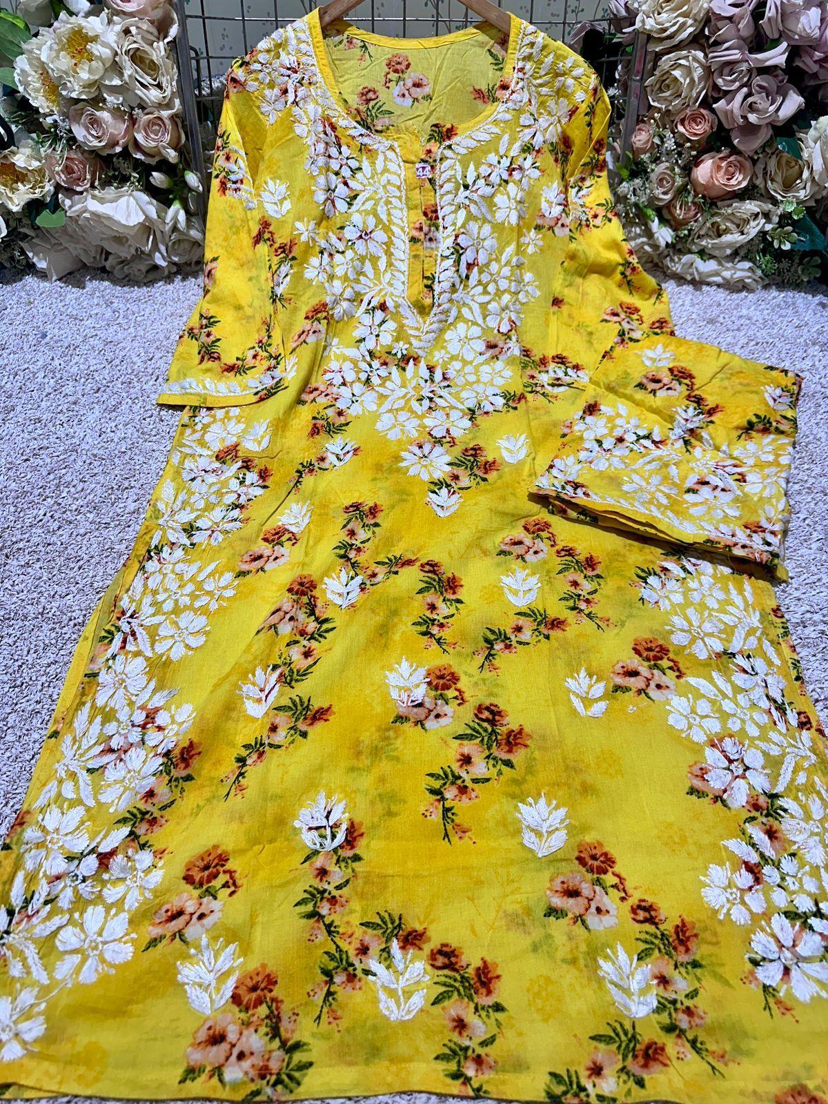 Yellow Enchanting Floral Elegance MulMul Set with Heavy Side Border Work - Inayakhan Shop 