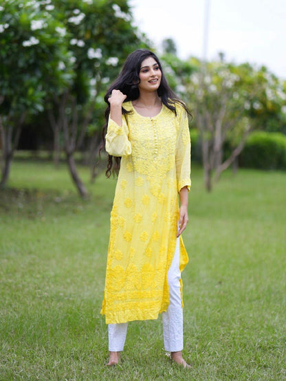 Yellow Ethereal Blossoms: 3D Muslin Kurti and Pant Set - Inayakhan Shop 