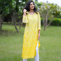 Yellow Ethereal Blossoms: 3D Muslin Kurti and Pant Set