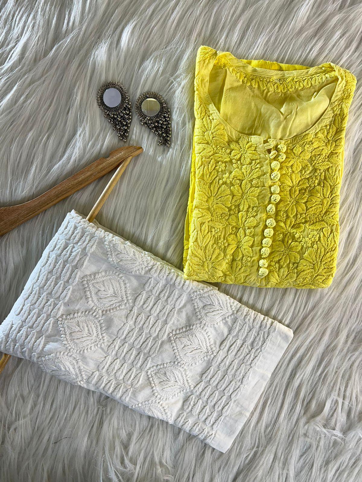 Yellow Ethereal Blossoms: 3D Muslin Kurti and Pant Set - Inayakhan Shop 