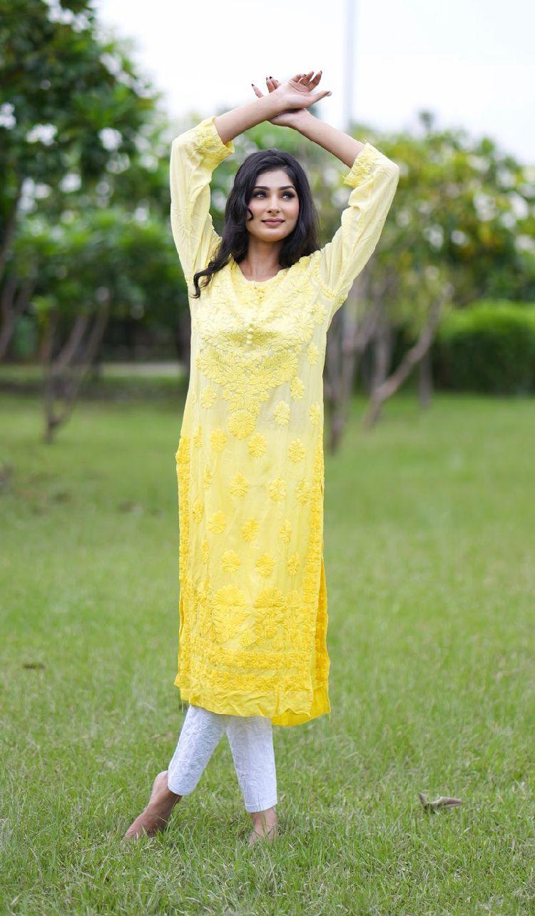 Yellow Ethereal Blossoms: 3D Muslin Kurti and Pant Set - Inayakhan Shop 