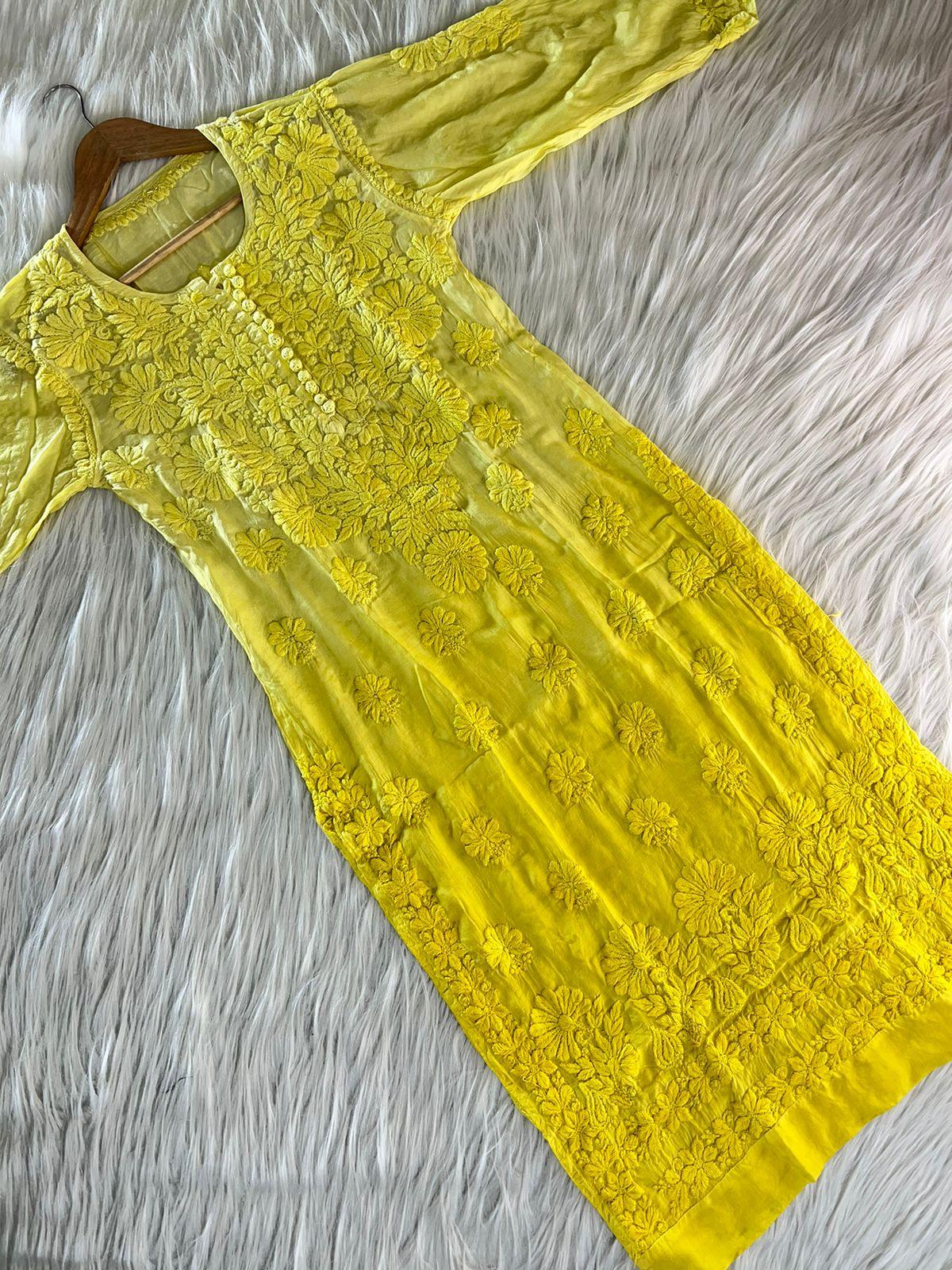 Yellow Ethereal Blossoms: 3D Muslin Kurti and Pant Set - Inayakhan Shop 