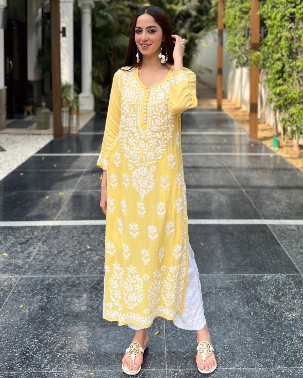 Yellow Ethereal Elegance Cotton Chikankari Kurta and Pant Set - Inayakhan Shop 