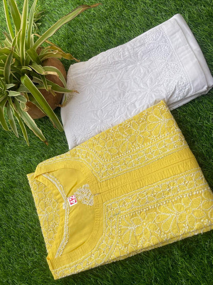 Yellow Exclusive Cotton Voile Chikankari Handwork Kurti with Pants - Inayakhan Shop 