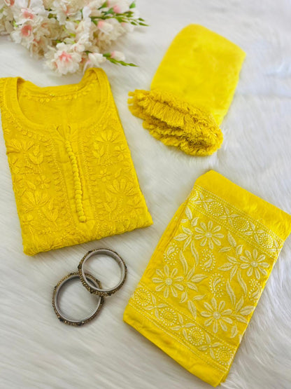 Yellow Exclusive Dobby Cotton 3-Piece Salwar Suit Set - Inayakhan Shop 