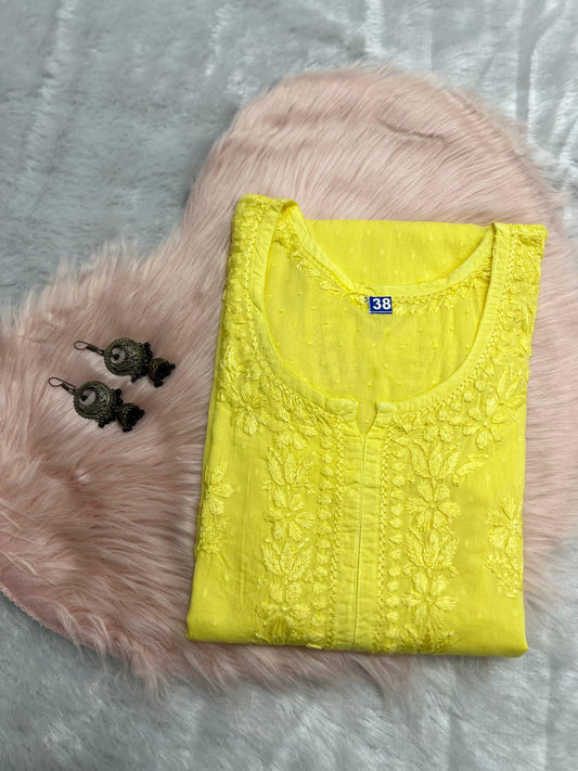 Yellow 🌸 Exclusive Dye Dobby Cotton Kurti Set with Hand Thread Work 🌸 - Inayakhan Shop 