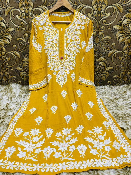 Yellow Exquisite Lucknowi Chikankari Modal Kurti with White Rayon Palazzo - Inayakhan Shop 