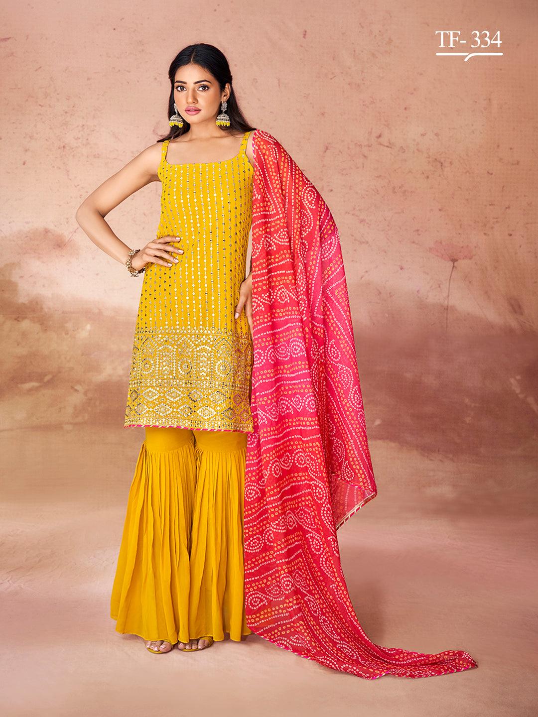 Yellow Georgette Gharara Exclusive Set with Embroidery Work and Bandhani Dupatta - Inayakhan Shop 