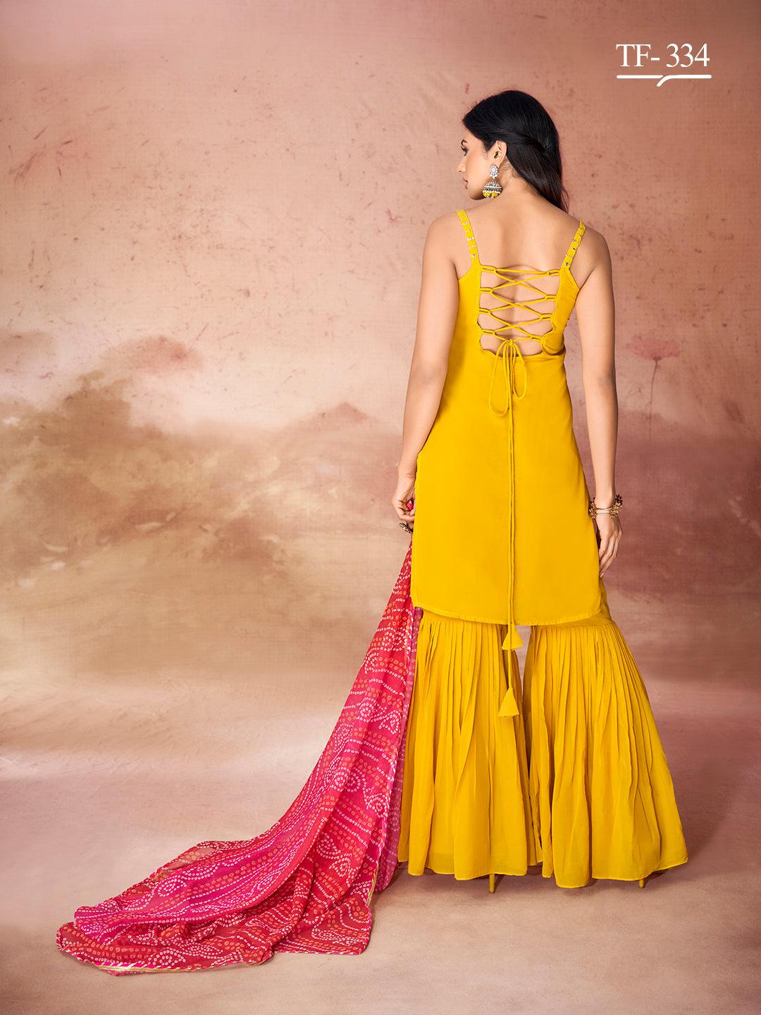 Yellow Georgette Gharara Exclusive Set with Embroidery Work and Bandhani Dupatta - Inayakhan Shop 