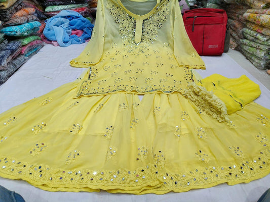 Yellow Georgette Kurti Set with Fine Mirror Embroidery Work Shopping Online - Inayakhan Shop 