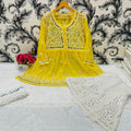 Yellow Glimmering Georgette Mirror Work Short Gown, Dupatta, and Sharara Full Combo Set