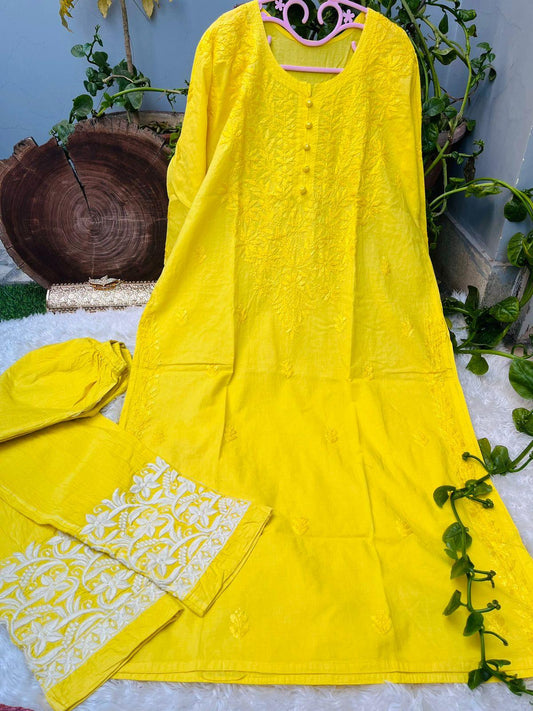 Yellow Graceful Cotton Chikankari Work Set: Kurti + Pant up to 6 XL ++ Sizes - Inayakhan Shop 