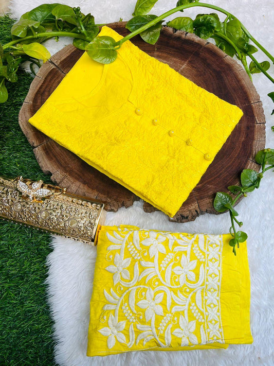 Yellow Graceful Cotton Chikankari Work Set: Kurti + Pant up to 6 XL ++ Sizes - Inayakhan Shop 