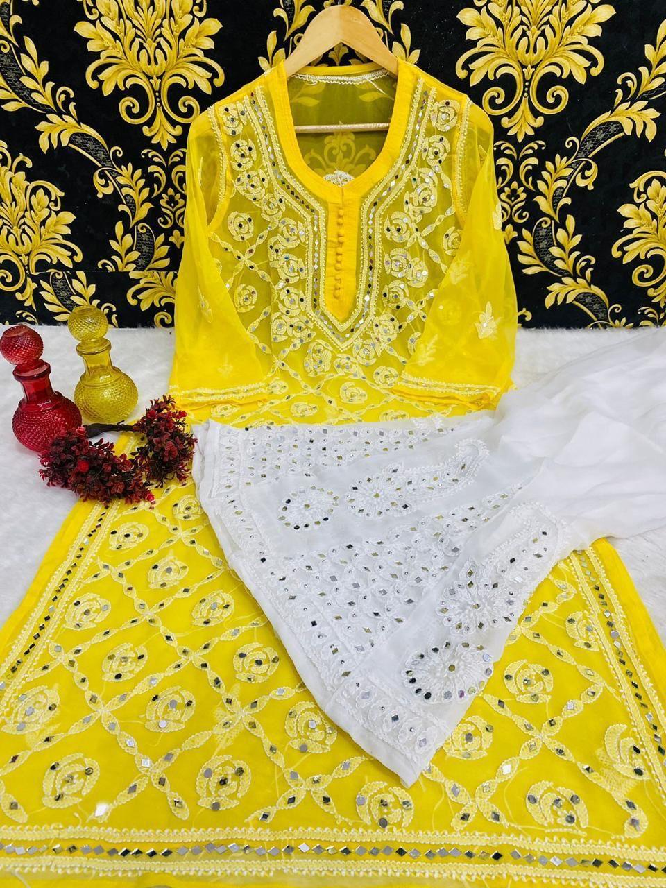 Yellow Graceful Lucknawi Georgette Chikankari Mirror Kurti with Mirror Sharara (INNER INCLUDED) - Inayakhan Shop 