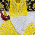 Yellow Graceful Lucknawi Georgette Chikankari Mirror Kurti with Mirror Sharara (INNER INCLUDED)
