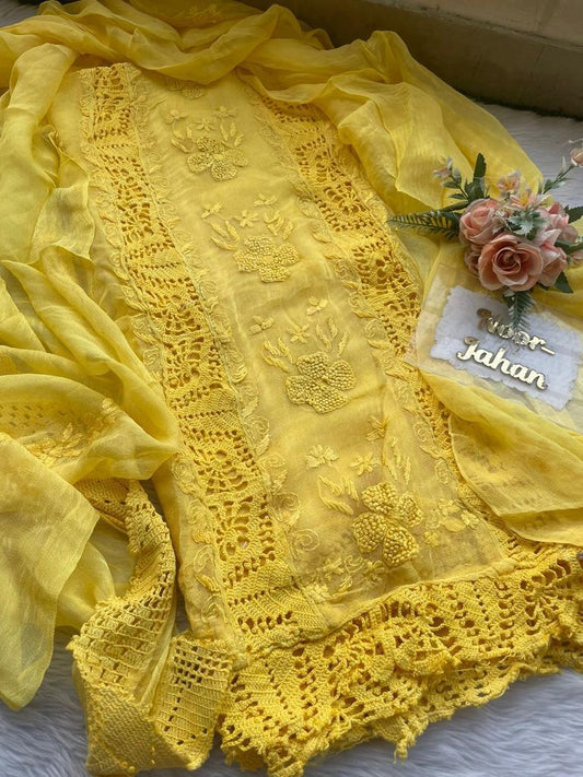 Yellow Karachi Splendor: Qureshiya Crocia Suit with Dupatta - Inayakhan Shop 