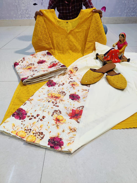 Yellow Kurti With Chikan Digital Print Patiala Salwar and Print Kota Dupatta - Inayakhan Shop 