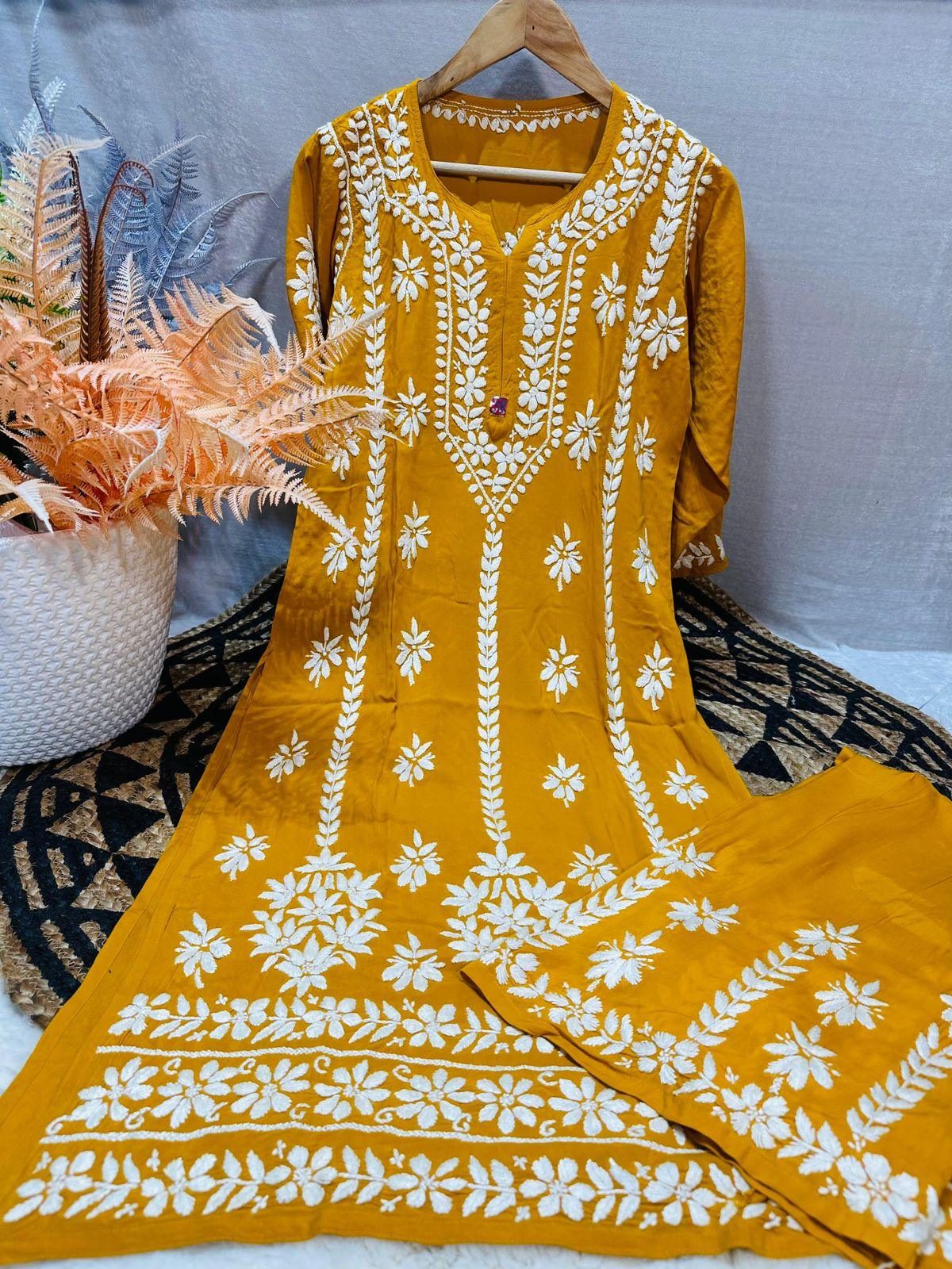 Yellow Lucknowi Chikankari Premium Heavy Designer Modal Palazzo Set - Inayakhan Shop 