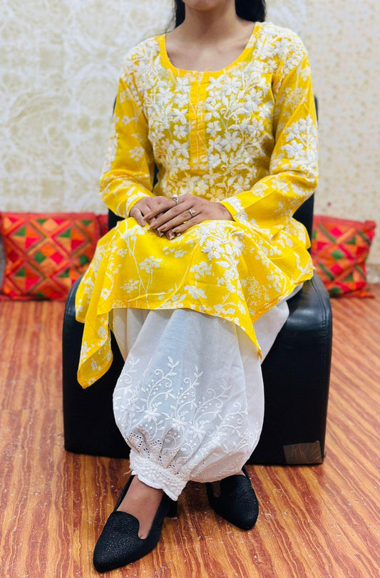 🌼 Yellow Lucknowi Fusion Monochromatic Cotton Printed Kurta with Chikan Afghani Set 🌼 - Inayakhan Shop 