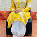 🌼 Yellow Lucknowi Fusion Monochromatic Cotton Printed Kurta with Chikan Afghani Set 🌼