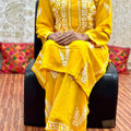 🌞 Yellow Lucknowi Summer Blossom Rayon Kurti and Palazzo Set 🌞