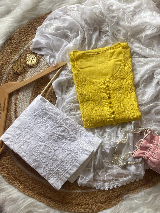 Yellow Luxe Cotton Chikankari Dyable Kurti Set with Aari Work Dupatta - Inayakhan Shop 