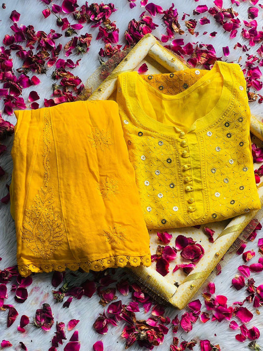 Yellow Luxe Viscose Ring Jall Kurti and Sharara Set (Made on Order) - Inayakhan Shop 