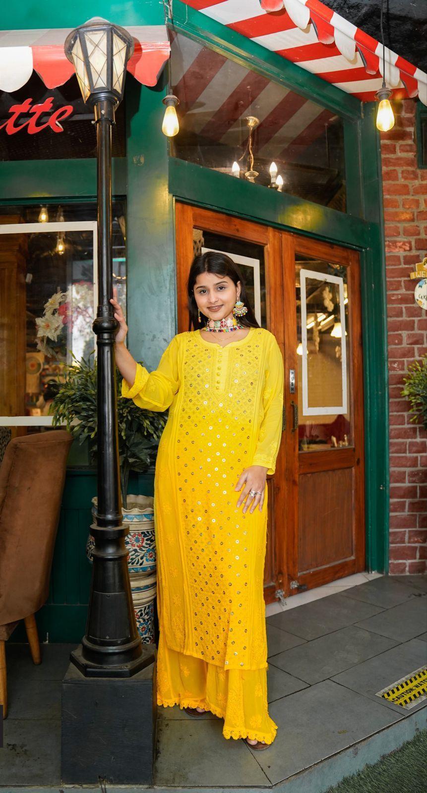 Yellow Luxe Viscose Ring Jall Kurti and Sharara Set (Made on Order) - Inayakhan Shop 