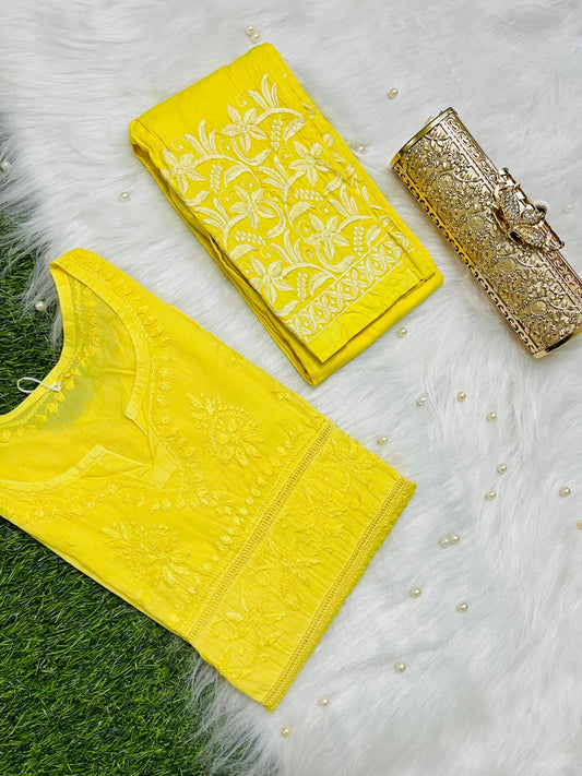 Yellow New Designer Lace Pattern Kurti Set in Cotton Chikankari Handwork - Inayakhan Shop 
