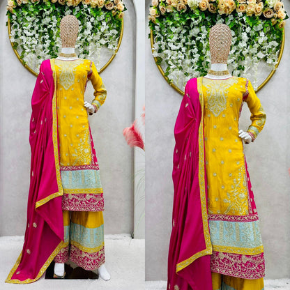 Yellow Pakistani Designer Chinon Silk Suit with Sequins and Cording Work - Inayakhan Shop 